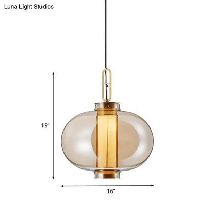 Retro Gold Pendulum Light with Amber Glass Sphere/Ellipse/Oblong Design and Tube Frame Insert (12.5"/19" H)