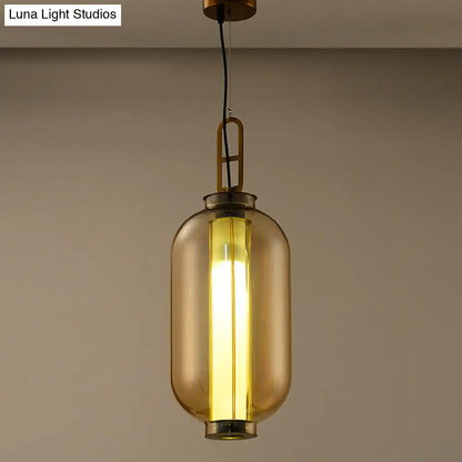 Retro Gold Pendulum Light with Amber Glass Sphere/Ellipse/Oblong Design and Tube Frame Insert (12.5"/19" H)