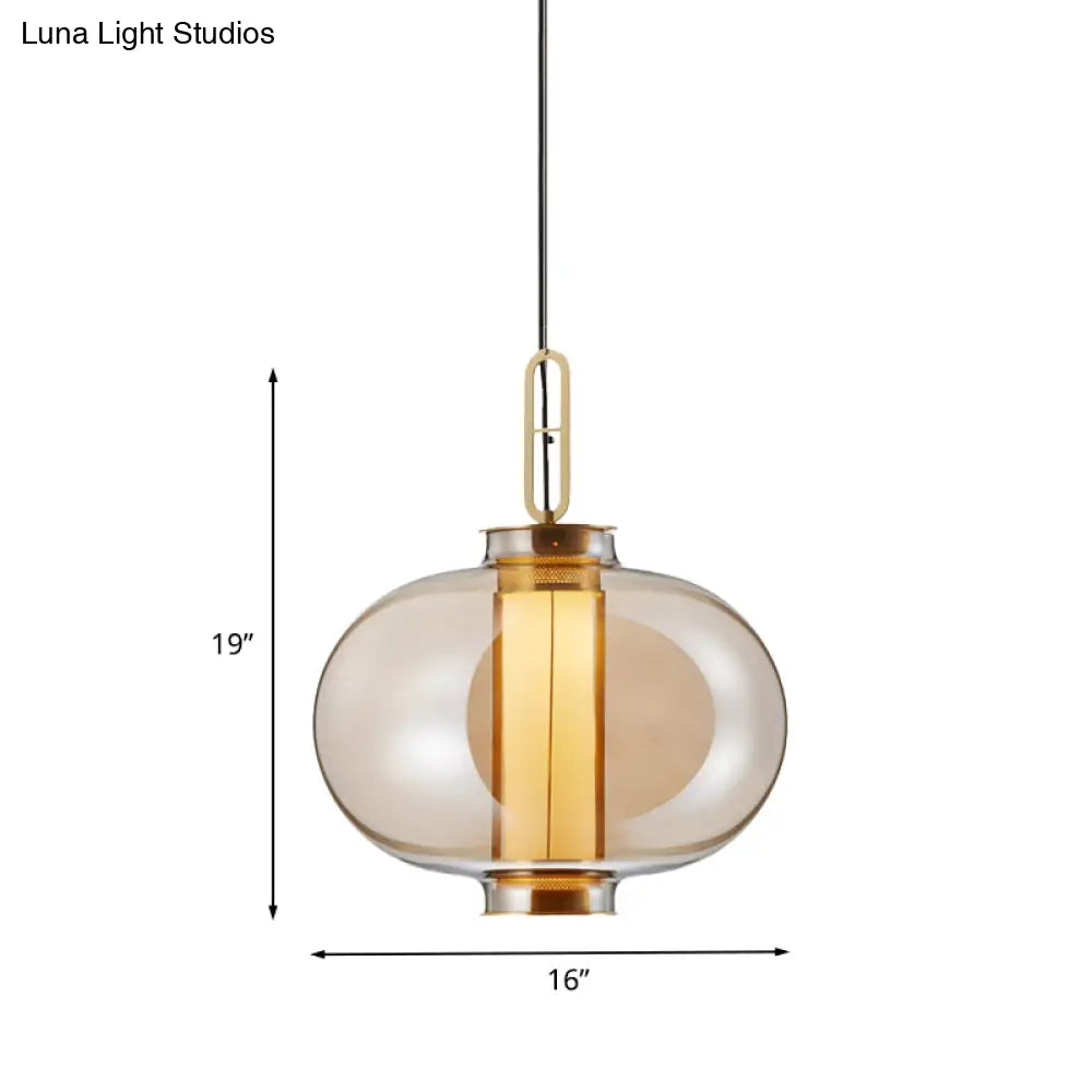 Retro Gold Pendulum Light with Amber Glass Sphere/Ellipse/Oblong Design and Tube Frame Insert (12.5"/19" H)