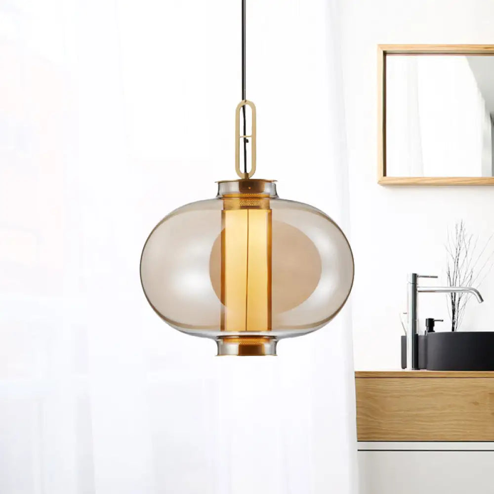 Retro Gold Pendulum Light with Amber Glass Sphere/Ellipse/Oblong Design and Tube Frame Insert (12.5"/19" H)