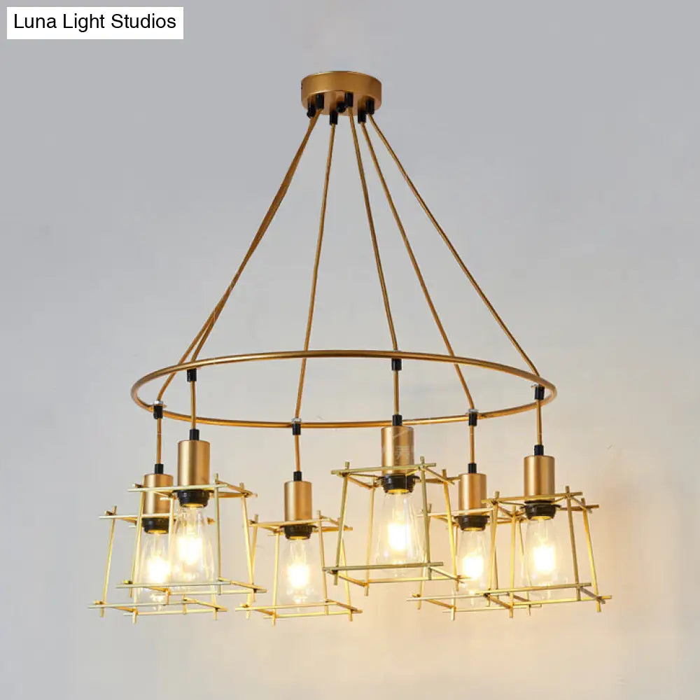 Retro Gold Ring Chandelier with Square Cage Shade - Stylish 6-Bulb Iron Hanging Light
