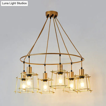 Retro Gold Ring Chandelier with Square Cage Shade - Stylish 6-Bulb Iron Hanging Light