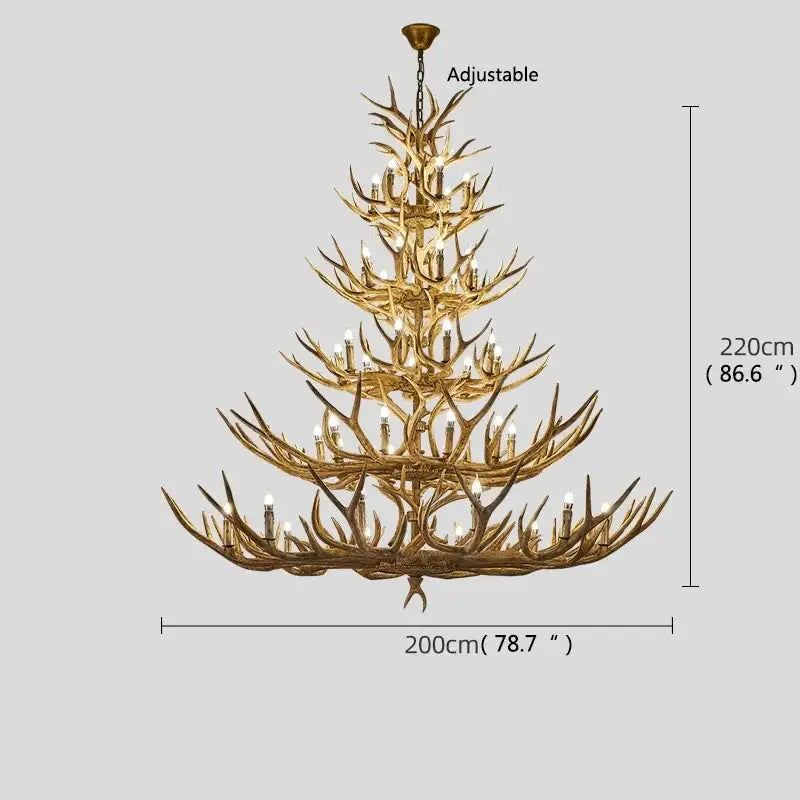 Retro golden brown antler led chandelier with multiple tiers and candle-style lights for dining room pendant lighting