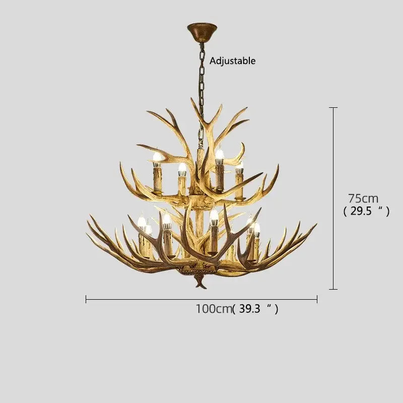 Retro golden brown antler led chandelier with gold finish and candle style bulbs for dining room lighting