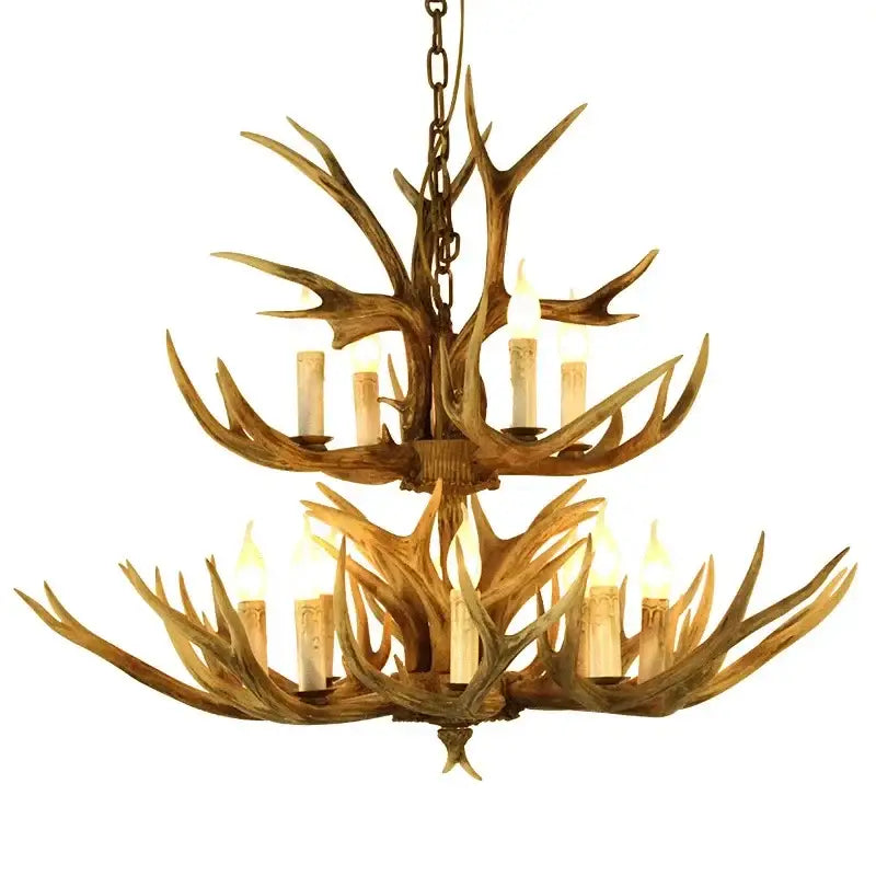 Retro golden brown antler led chandelier with rustic two-tiered design and warm-toned faux antlers for dining rooms