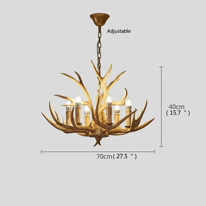 Retro golden brown antler led chandelier with bronze finish and six candle-style lights for dining room use