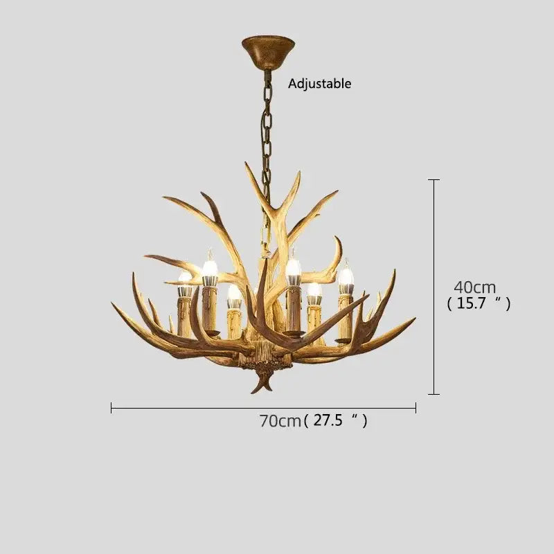 Retro golden brown antler led chandelier with bronze finish and six candle-style lights for dining room use