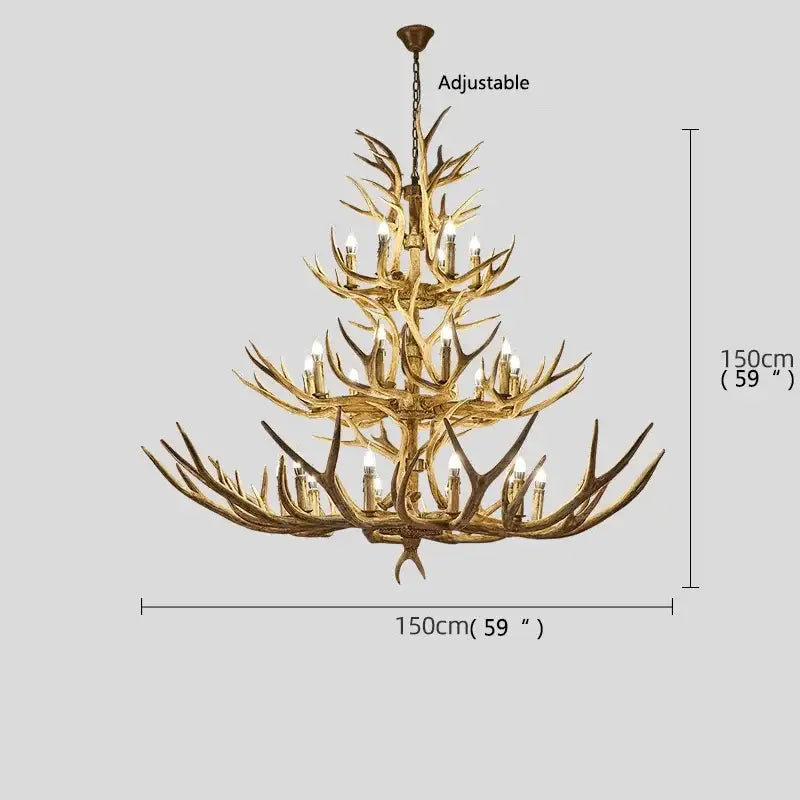 Retro golden brown antler led chandelier with multiple tiers and candle-style bulbs for dining room lighting