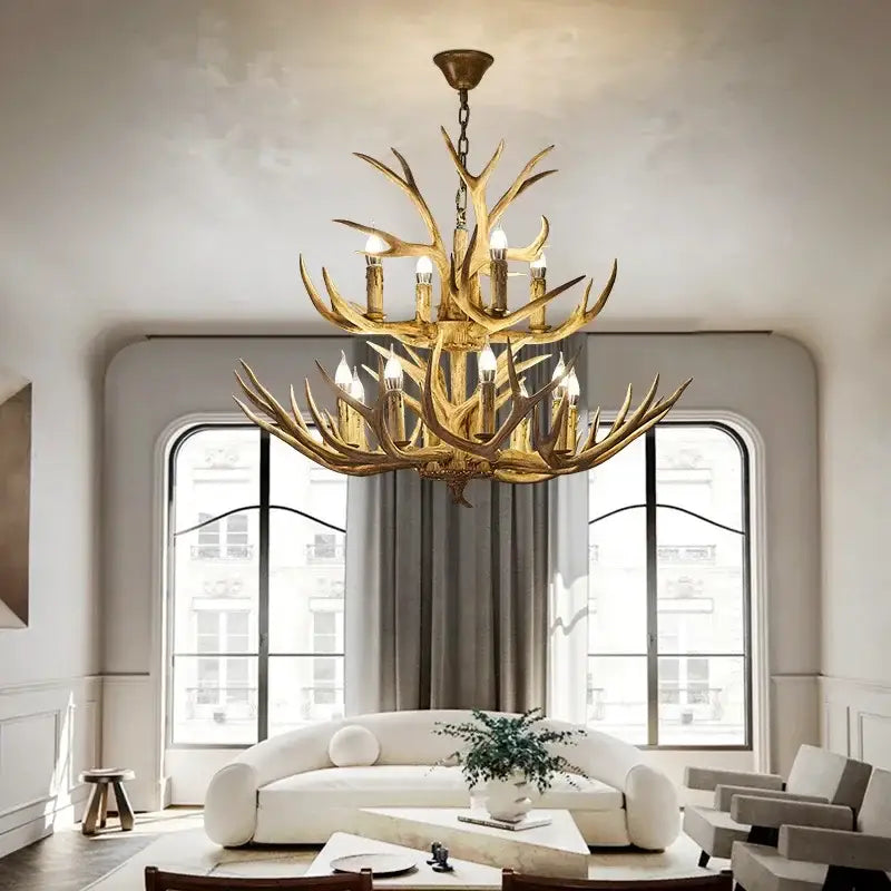 Retro golden brown antler led chandelier with multiple lit bulbs for dining room pendant light decor