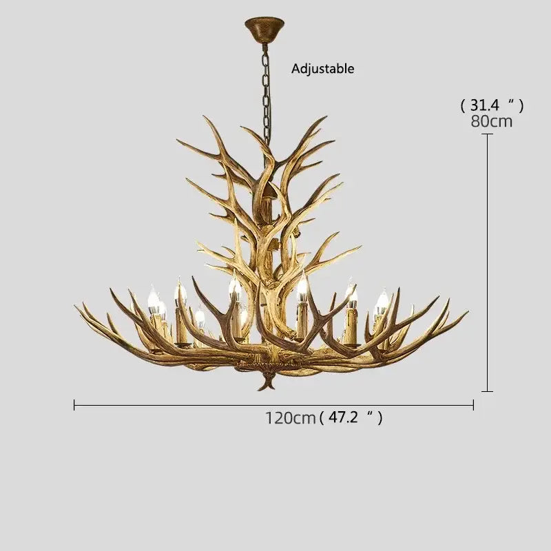 Retro golden brown antler led chandelier with golden finish and candle-style bulbs for dining room lighting