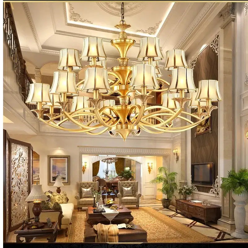 Golden ornate retro copper villa chandelier with cream lampshades by decorbites copper villa for elegant decor