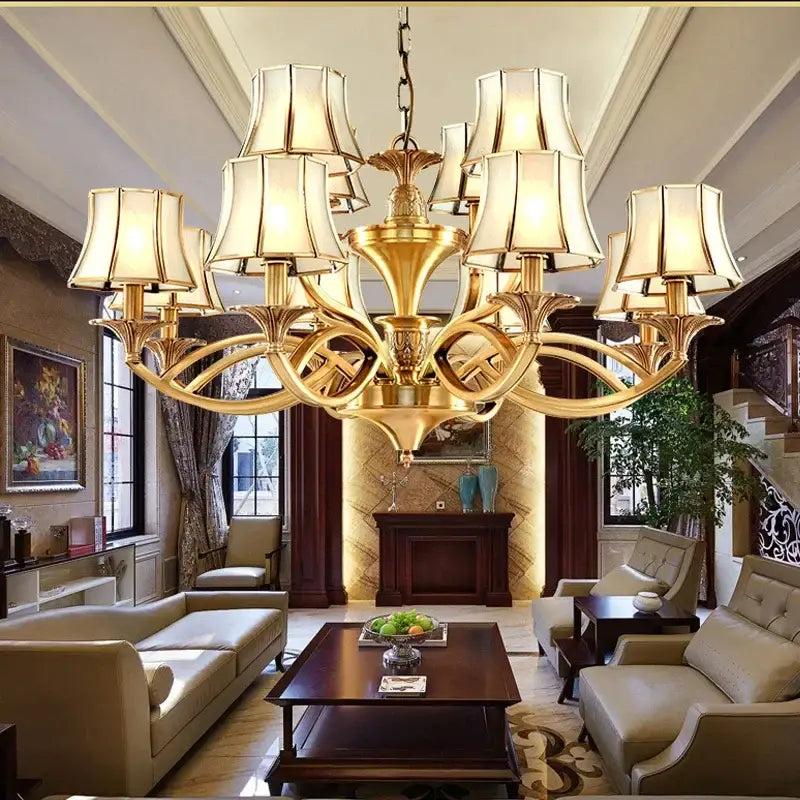 Retro golden copper villa chandelier with cream lampshades by decorbites copper villa for elegant staircase decor