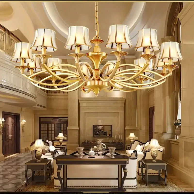 Retro golden copper villa chandelier with cream lampshades hanging in opulent living room decorbites copper villa