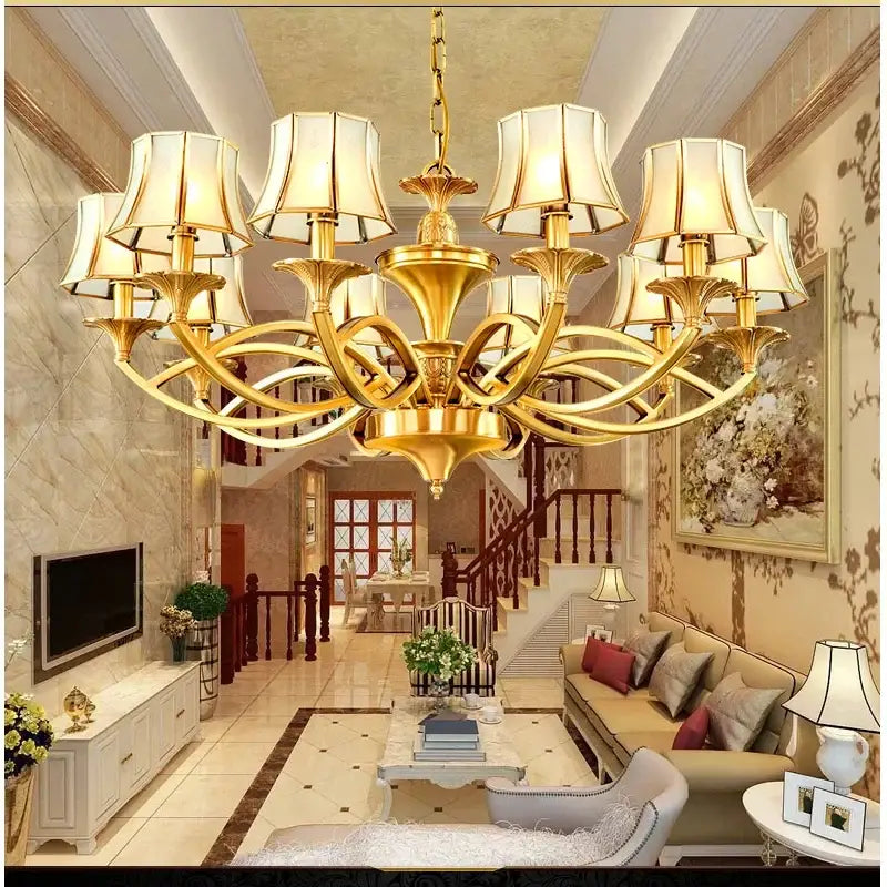 Golden ornate decorbites copper villa chandelier with cream lampshades for staircase villa lighting decorbites copper