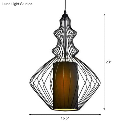 Retro Gourd Shaped Iron Pendant Light with Fabric Shade - Black, 1 Bulb - Stylish Ceiling Hanging Lantern for Dining Room