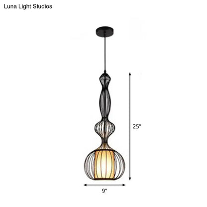 Retro Gourd Shaped Iron Pendant Light with Fabric Shade - Black, 1 Bulb - Stylish Ceiling Hanging Lantern for Dining Room