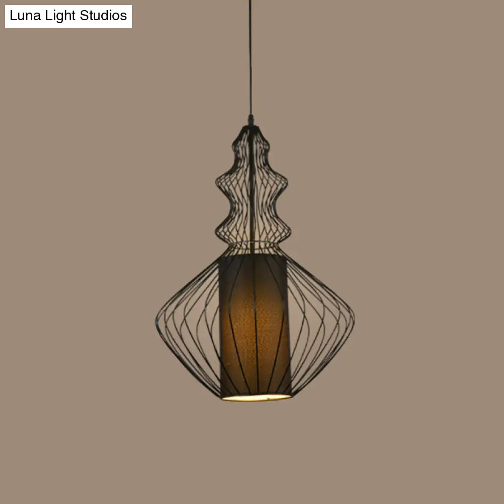 Retro Gourd Shaped Iron Pendant Light with Fabric Shade - Black, 1 Bulb - Stylish Ceiling Hanging Lantern for Dining Room