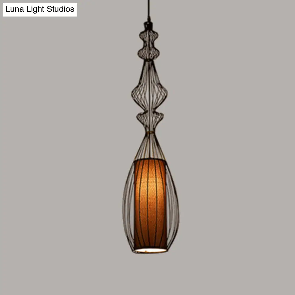 Retro Gourd Shaped Iron Pendant Light with Fabric Shade - Black, 1 Bulb - Stylish Ceiling Hanging Lantern for Dining Room