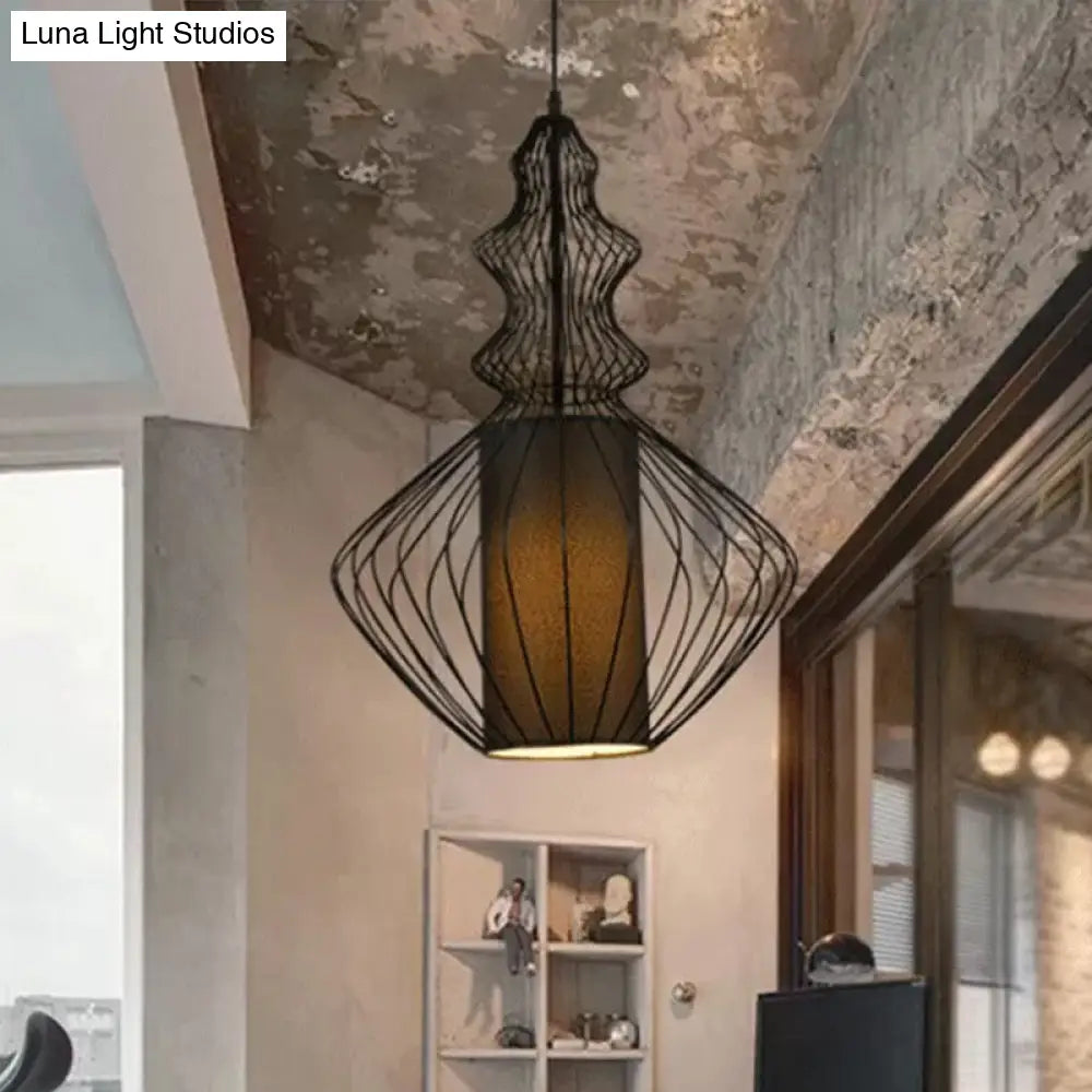 Retro Gourd Shaped Iron Pendant Light with Fabric Shade - Black, 1 Bulb - Stylish Ceiling Hanging Lantern for Dining Room