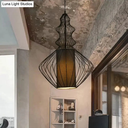 Retro Gourd Shaped Iron Pendant Light with Fabric Shade - Black, 1 Bulb - Stylish Ceiling Hanging Lantern for Dining Room