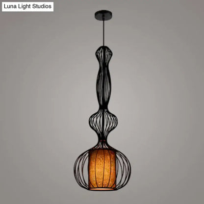 Retro Gourd Shaped Iron Pendant Light with Fabric Shade - Black, 1 Bulb - Stylish Ceiling Hanging Lantern for Dining Room