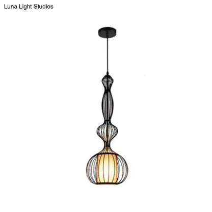 Retro Gourd Shaped Iron Pendant Light with Fabric Shade - Black, 1 Bulb - Stylish Ceiling Hanging Lantern for Dining Room