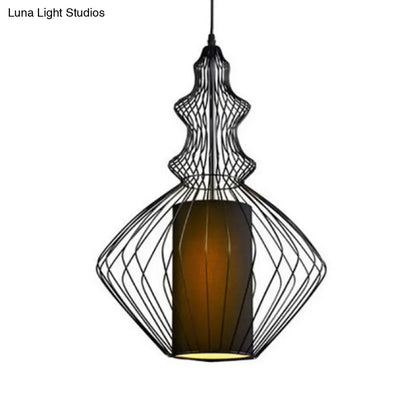 Retro Gourd Shaped Iron Pendant Light with Fabric Shade - Black, 1 Bulb - Stylish Ceiling Hanging Lantern for Dining Room