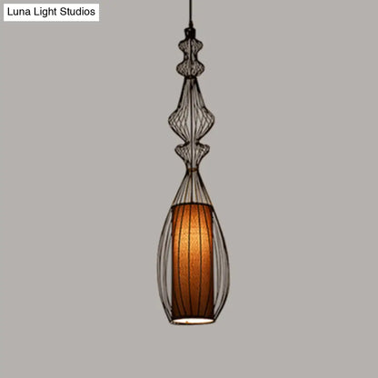 Retro Gourd Shaped Iron Pendant Light with Fabric Shade - Black, 1 Bulb - Stylish Ceiling Hanging Lantern for Dining Room