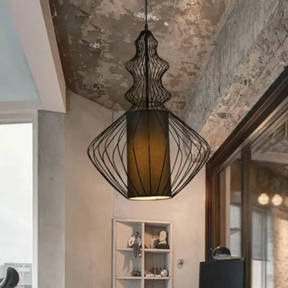 Retro Gourd Shaped Iron Pendant Light with Fabric Shade - Black, 1 Bulb - Stylish Ceiling Hanging Lantern for Dining Room