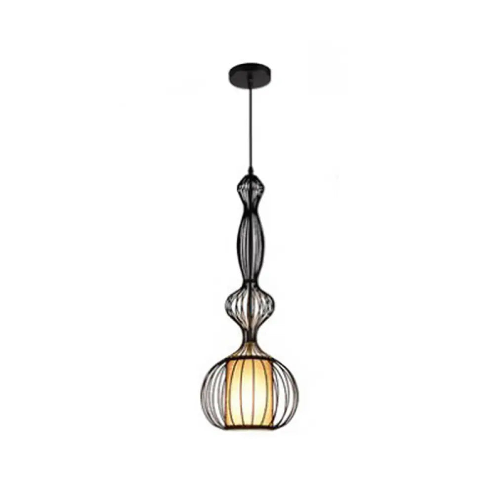 Retro Gourd Shaped Iron Pendant Light with Fabric Shade - Black, 1 Bulb - Stylish Ceiling Hanging Lantern for Dining Room