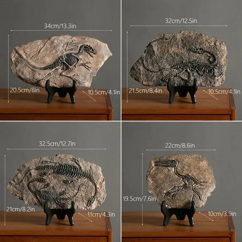 A collection of four retro animal statue dinosaur fossil specimens in gray and beige on black stands for living room decor