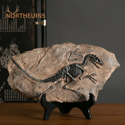 Retro gray and brown dinosaur fossil figurine detailed replica embedded in textured rock slab for living room decor