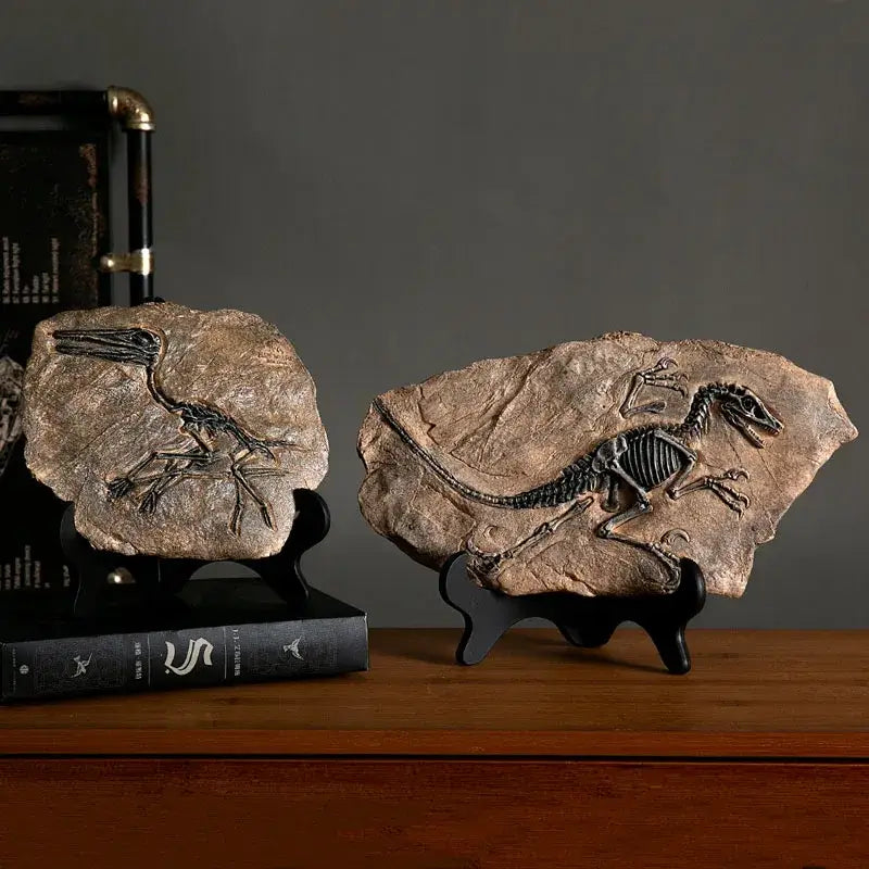 Two brown and gray textured stone dinosaur fossil figurines with detailed black skeletons on black stands for decor