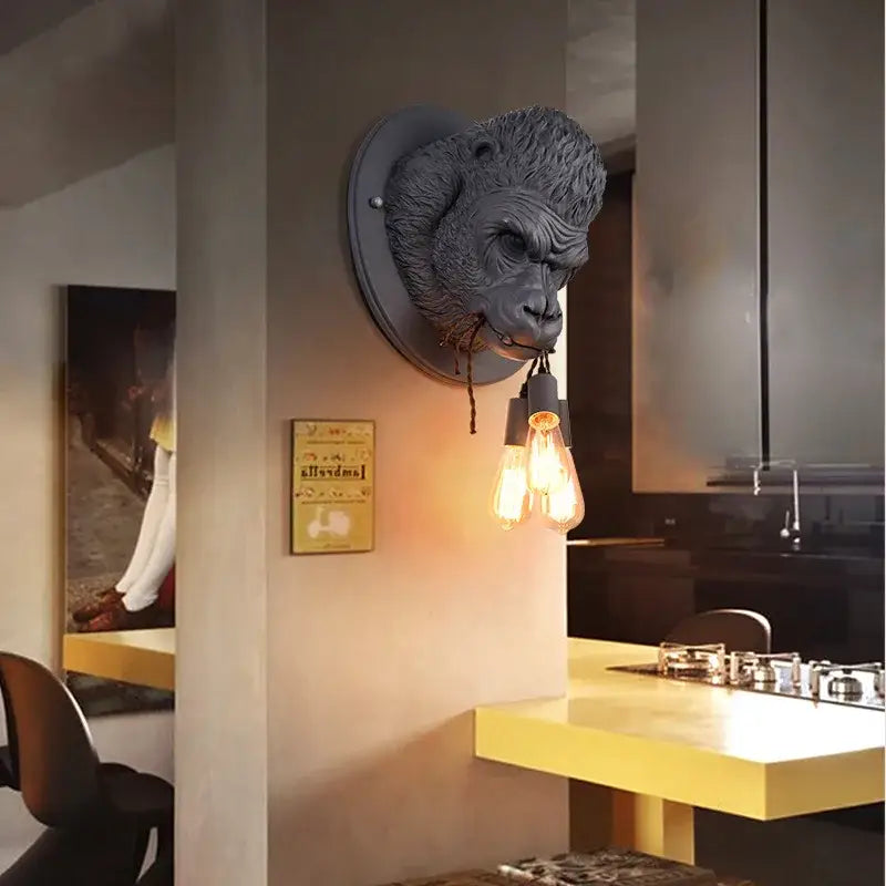Dark gray decorbites gorilla resin wall lamp with exposed filament bulbs for retro bedroom lighting decorbites gorilla resin wall