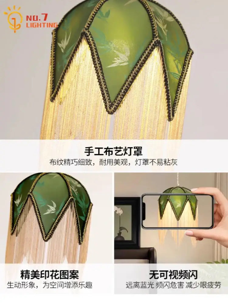 Retro green and gold copper tassel pendant lights with green fabric lampshade embroidered birds by no.7 lighting