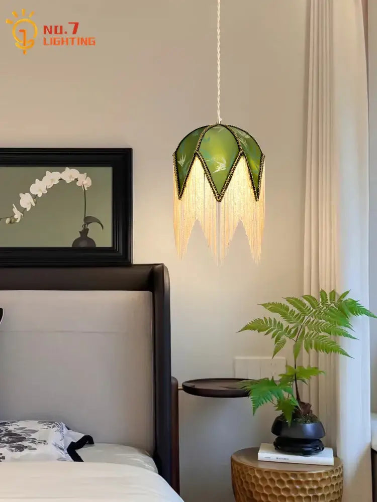 Retro green and gold copper tassel pendant light with delicate fringe detailing for dining room decorbites copper tassel