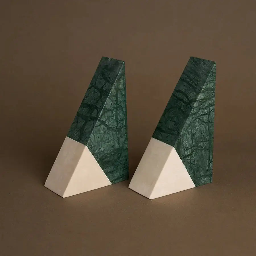 Retro green and beige marble bookends with a modern geometric design for home decor decorbites green marble accents