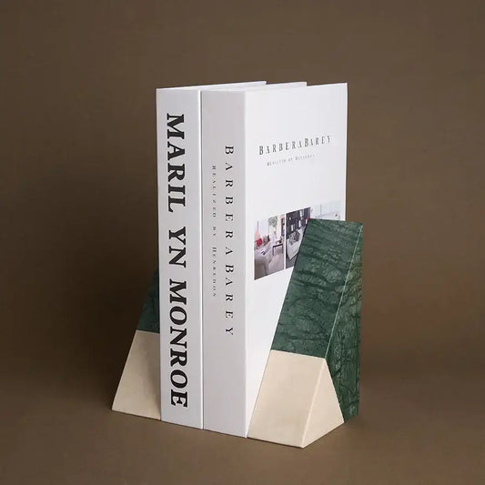 Retro green and beige marble bookends with triangular two tone design perfect for home decor and decorbites green marble collection