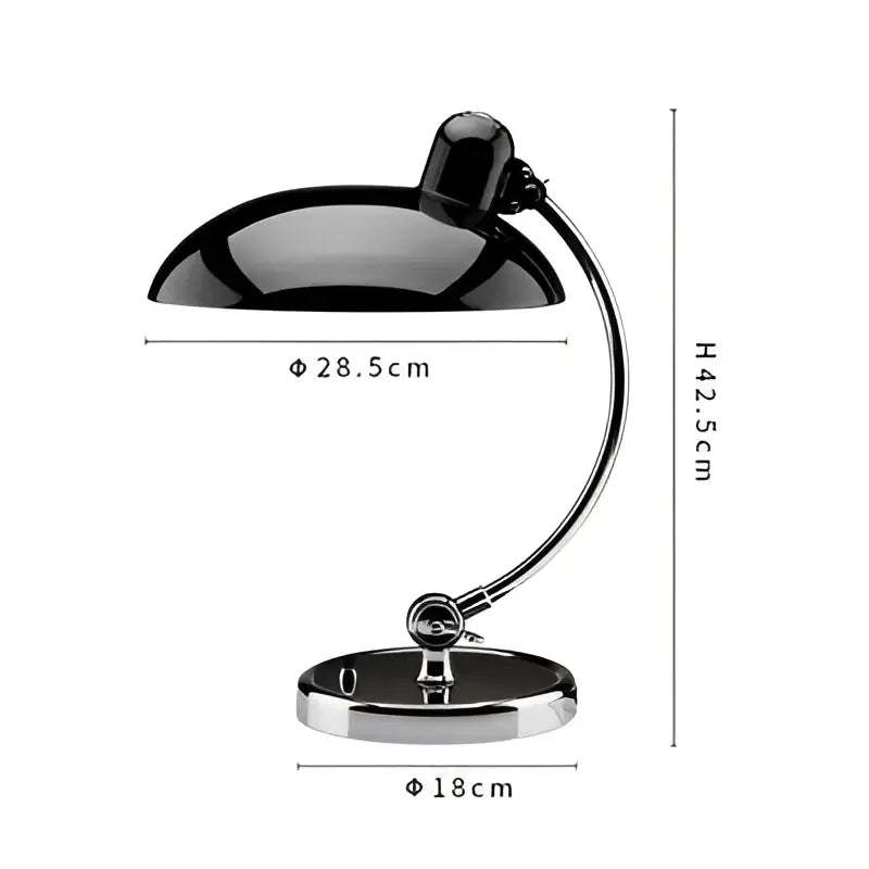 Black lacquered metal table lamp with curved gooseneck and circular base ideal as retro engraving table lamp