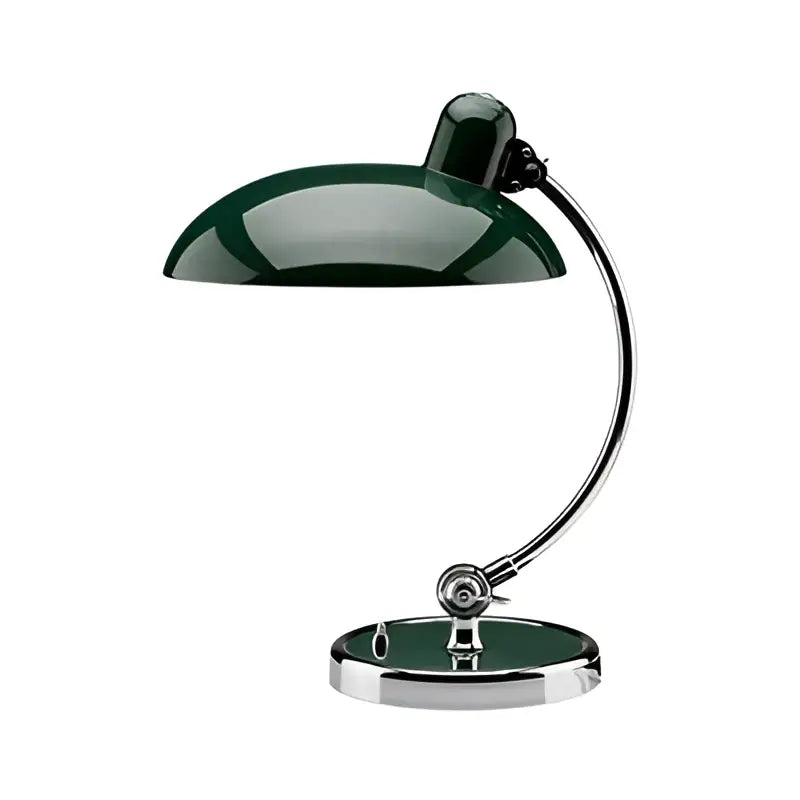 Dark green enamel retro table lamp with curved chrome arm and base suitable for office or bedroom engraving table use