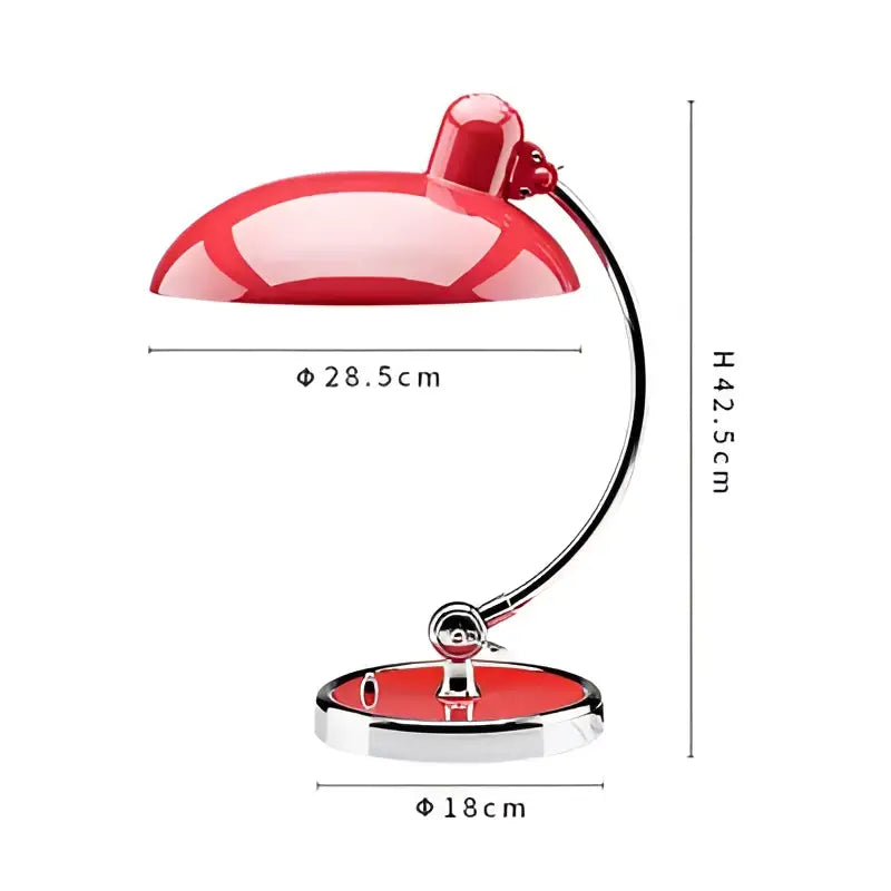 Red enamel engraving table lamp with curved chrome arm and circular base for office or bedroom use