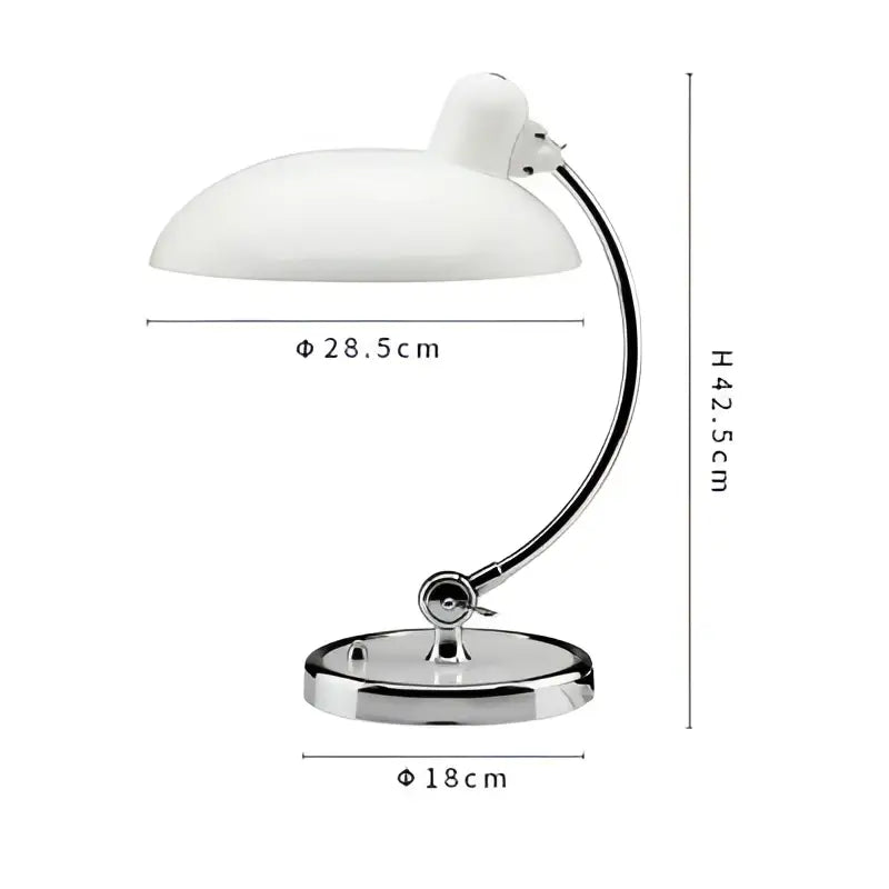 White enamel table lamp with curved chrome arm and circular base suitable as an engraving table lamp for office or bedroom