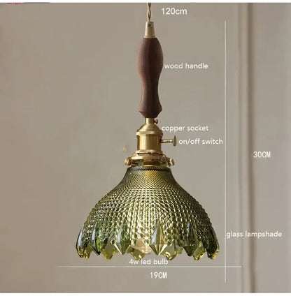 Retro green glass pendant light with textured shade wood accent brass copper socket and on off switch for dining room use