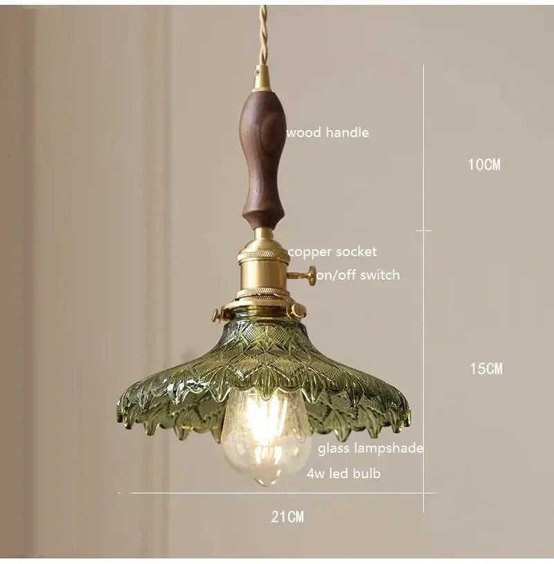 Retro green glass pendant light with wood accent and brass copper socket featuring e27 led bulb for dining room