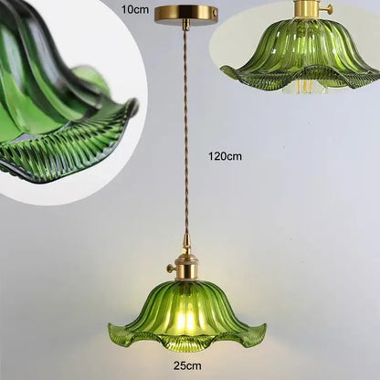 Retro green glass pendant light with fluted petal design brass hardware wood accent for dining room with e27 led bulb