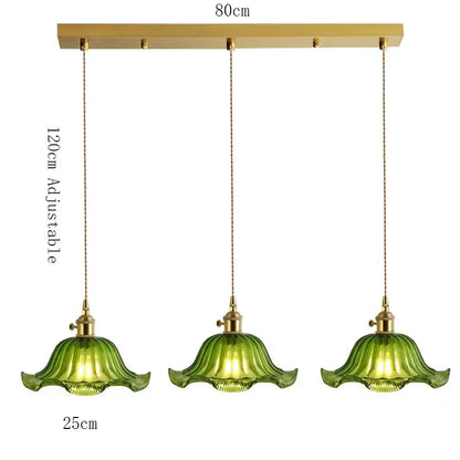 Retro green glass pendant light with wood accent brass finish and three floral shades for dining room e27 led bulb compatible