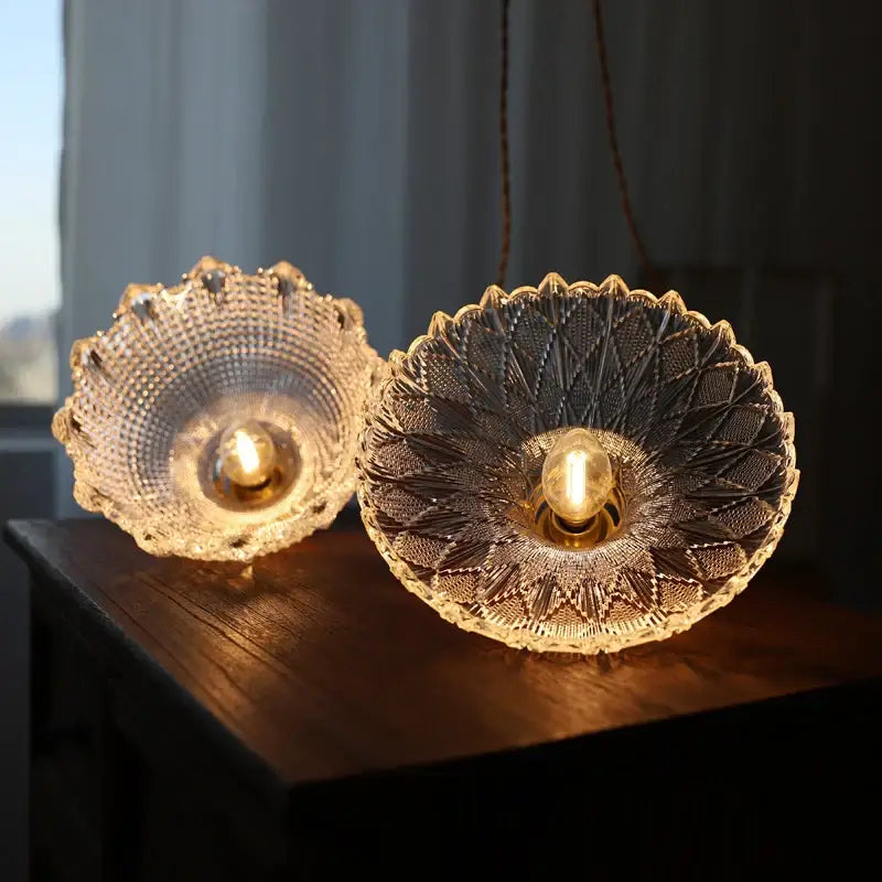 Two elegant retro green glass pendant lights with intricate cut-glass patterns wood accent for dining room with e27 led bulb
