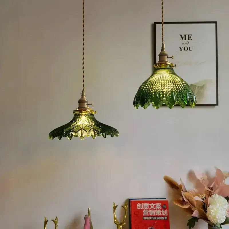 Two vintage-style green glass pendant light with brass wood accent and twisted cords ideal for dining room with e27 led bulb