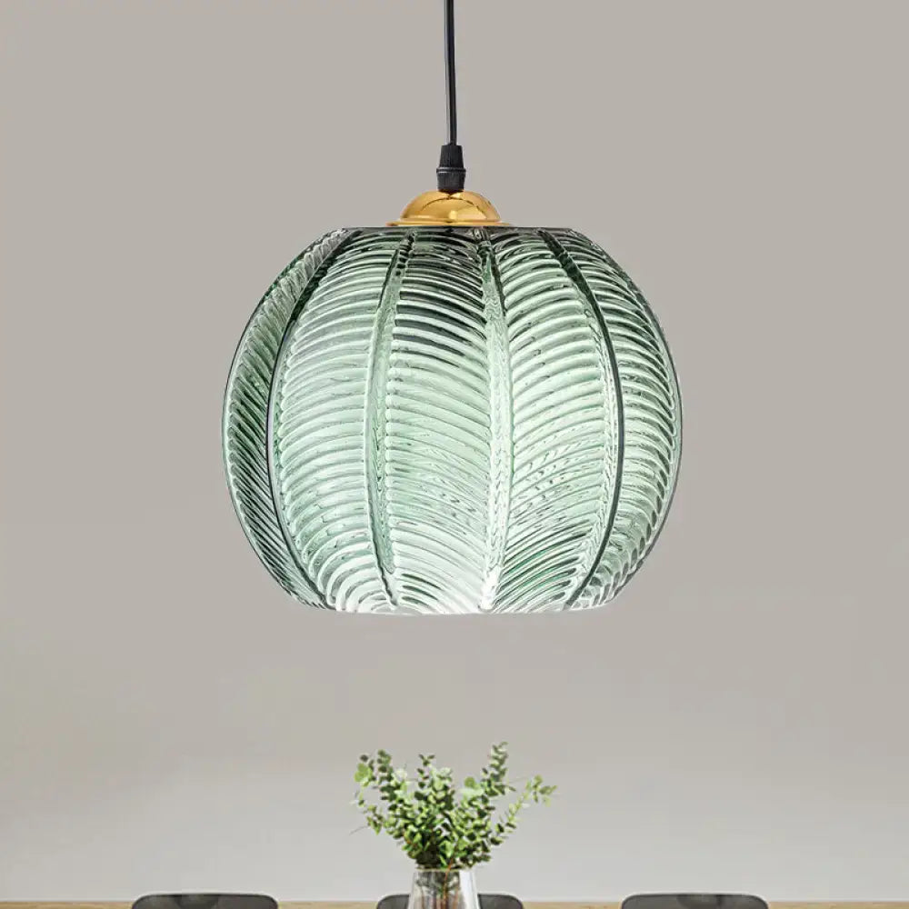 Retro green ribbed glass pumpkin dinette pendant lamp with brass fixture for dining room lighting