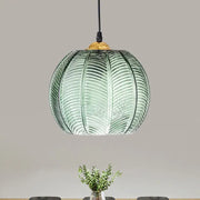 Retro green ribbed glass pumpkin dinette pendant lamp with brass fixture for dining room lighting
